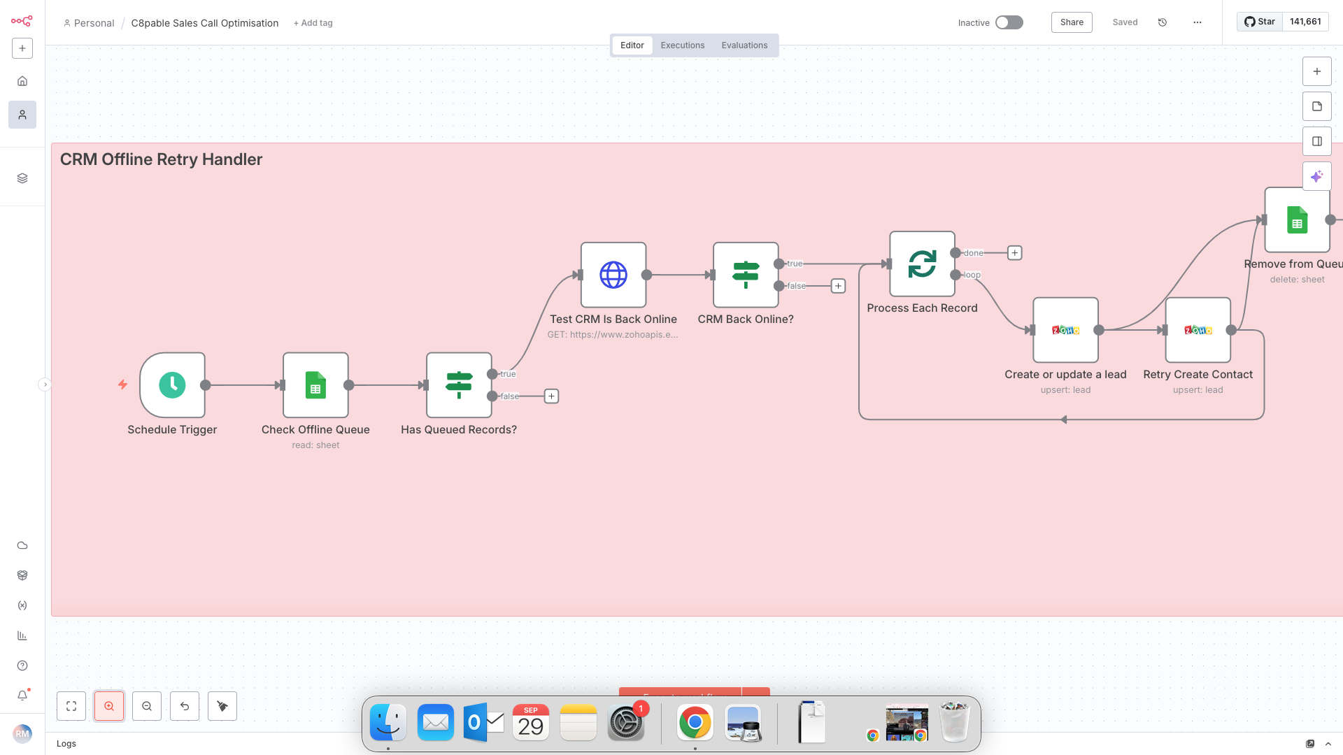Flowchart titled "CRM Offline Retry Handler" with steps for checking offline queue, testing if CRM is online, and processing records, including creating or updating leads and re-creating contacts.