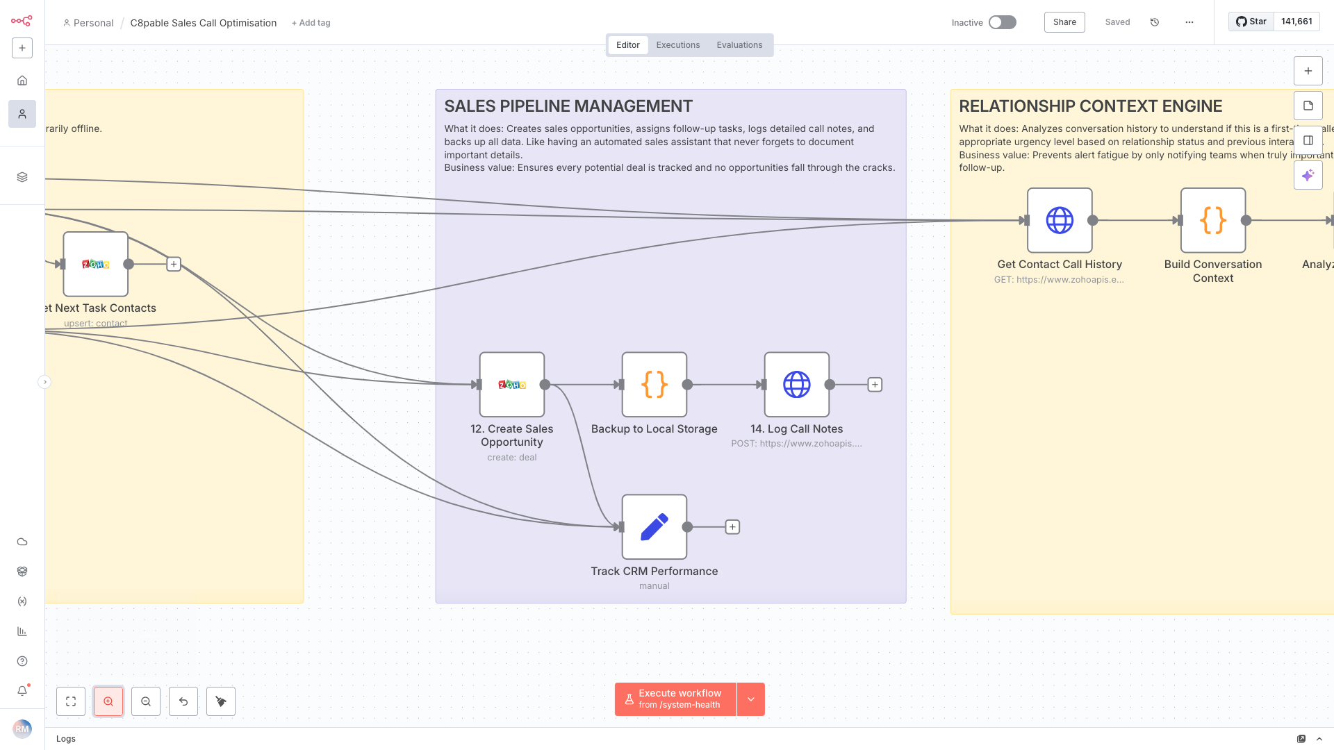 Screenshot of a sales pipeline management workflow in a visual programming interface, featuring various nodes and connections related to managing sales opportunities and call history analysis.