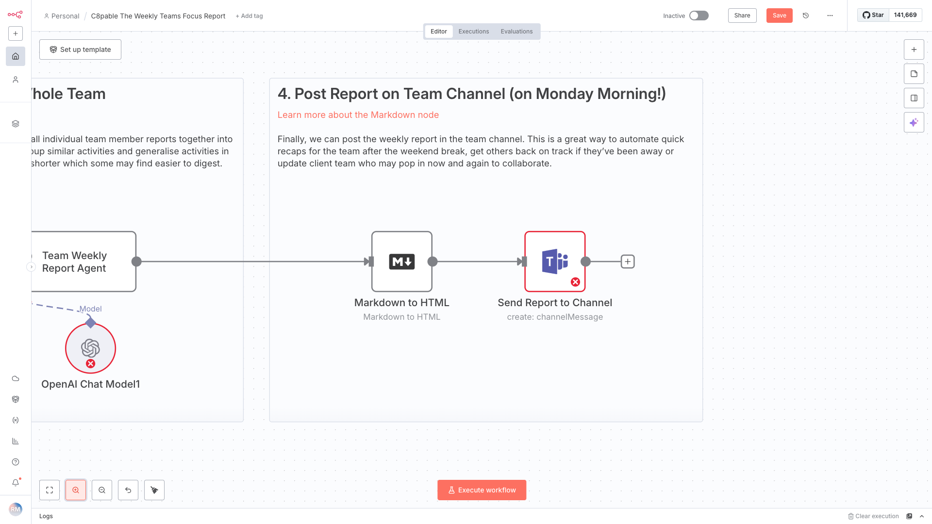 Screenshot of a workflow diagram with blocks labeled 'Team Weekly Report Agent,' 'Markdown to HTML,' and 'Send Report to Channel,' used for posting team reports on a chat channel, with a sidebar showing various editing and execution options.
