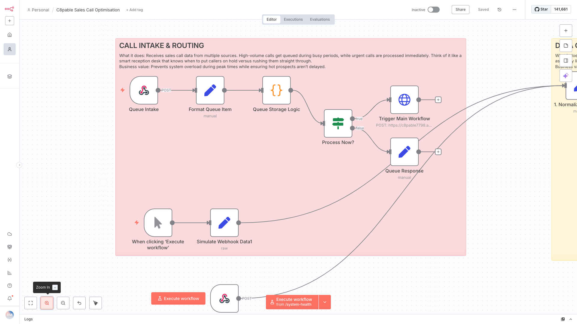 Flowchart diagram illustrating sales call intake and routing process with steps such as Queue Intake, Format Queue Item, Queue Storage Logic, Process Now, and Queue Response, set against a pink background with various connected blocks and description