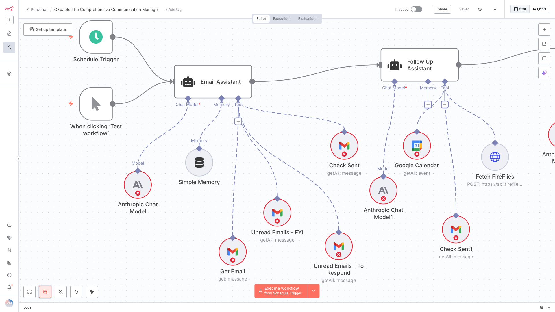Screenshot of a workflow diagram in a communication manager software, with icons and labels for scheduling a trigger, email assistant, chat models, memory, tools, and follow-up actions like checking emails, sending messages, and integrating Google Ca