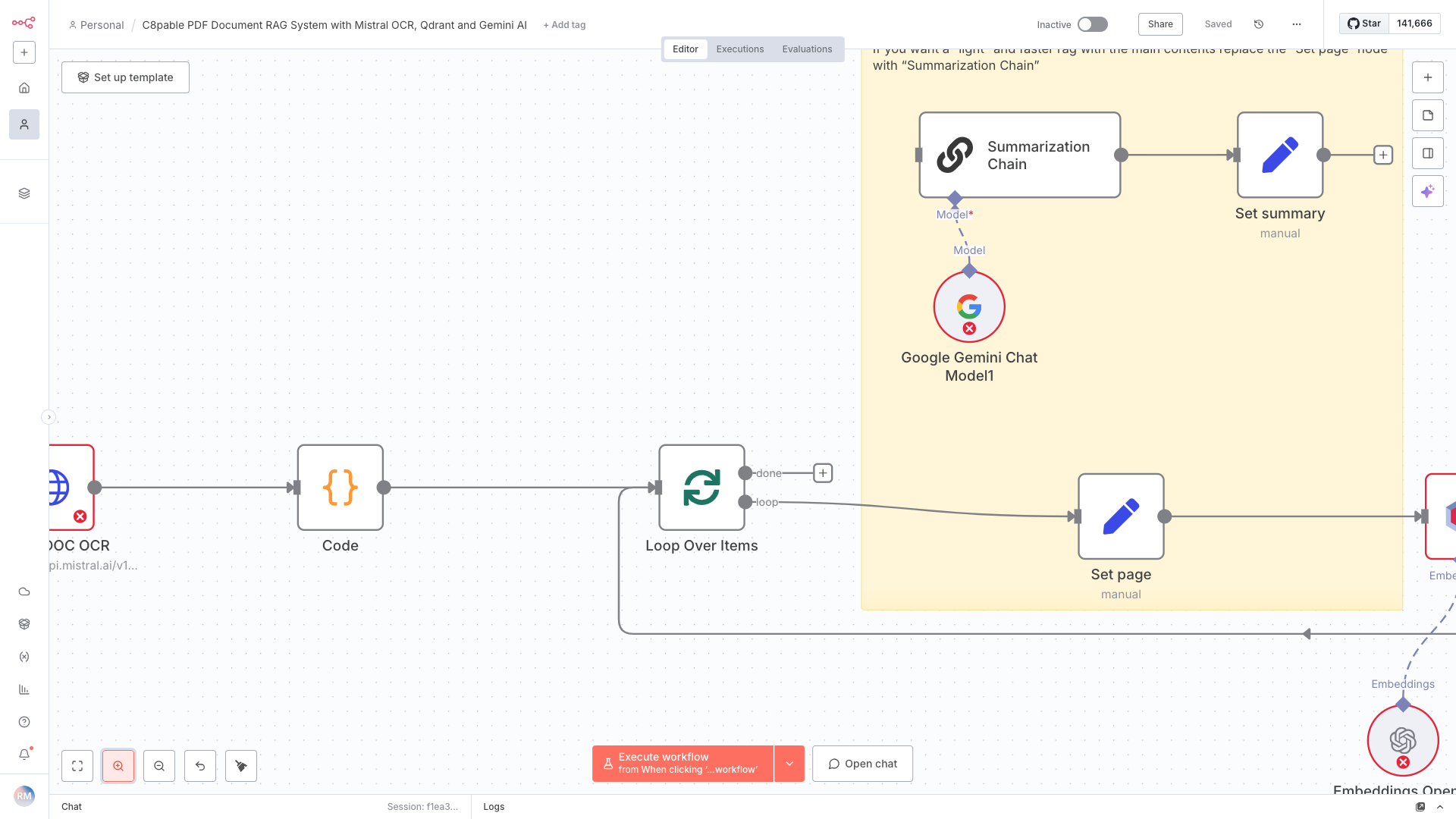 Screenshot of a workflow diagram for an OCR system with various steps including OCR OCR, code processing, looping over items, and setting pages, with blocks for summarization and embeddings.