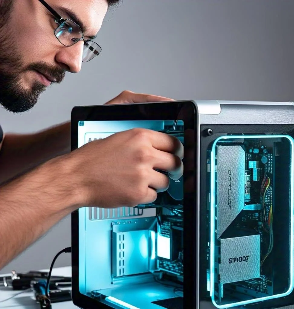 A man with glasses is installing a component into a gaming computer case with blue LED lighting.