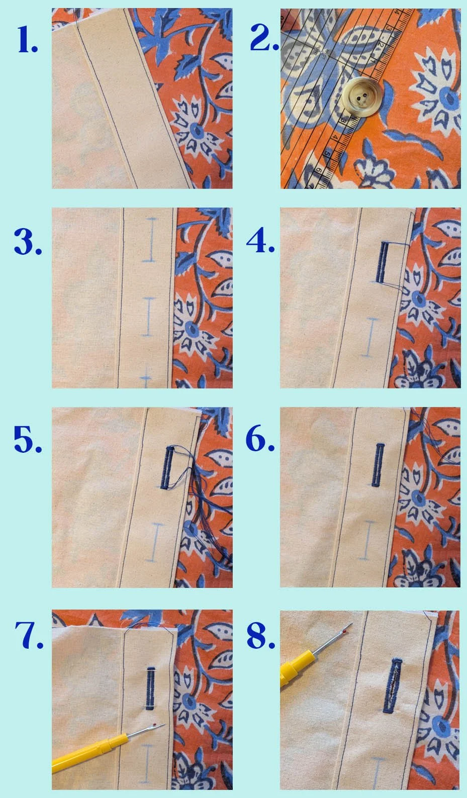 A step-by-step guide to sewing a Simple Buttonhole illustrates the written instructions. The buttonhole sample is sewn onto calico with navy blue thread and sits on an orange and blue block-printed background. There are eight images