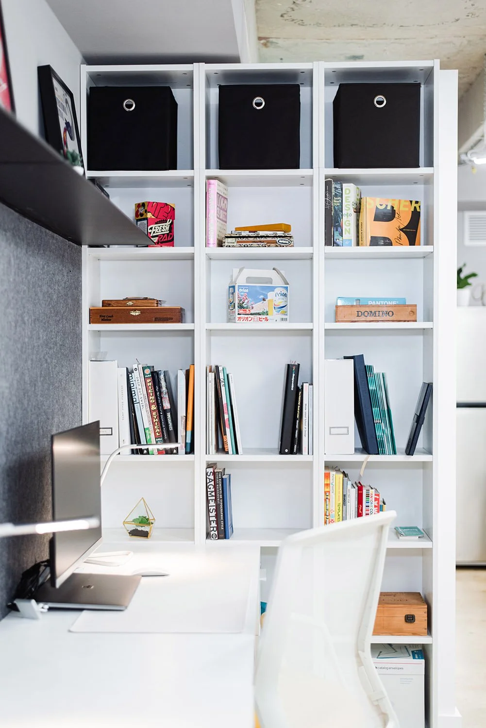 White bookshelves with black storage bins and books