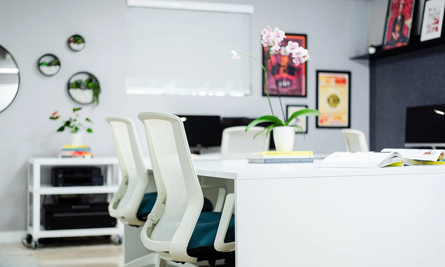 White desks with yellow task chairs and gallery shelf of posters