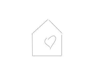 Piirros talosta, jonka keskellä on sydän. Taideyhteisö, maalaustaidetta.