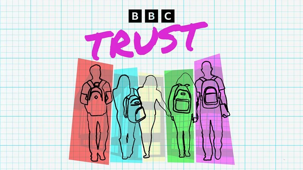Drawing of four people with backpacks walking, with colorful rectangles behind them, and the words "Trust" and the logo "BBC" above.