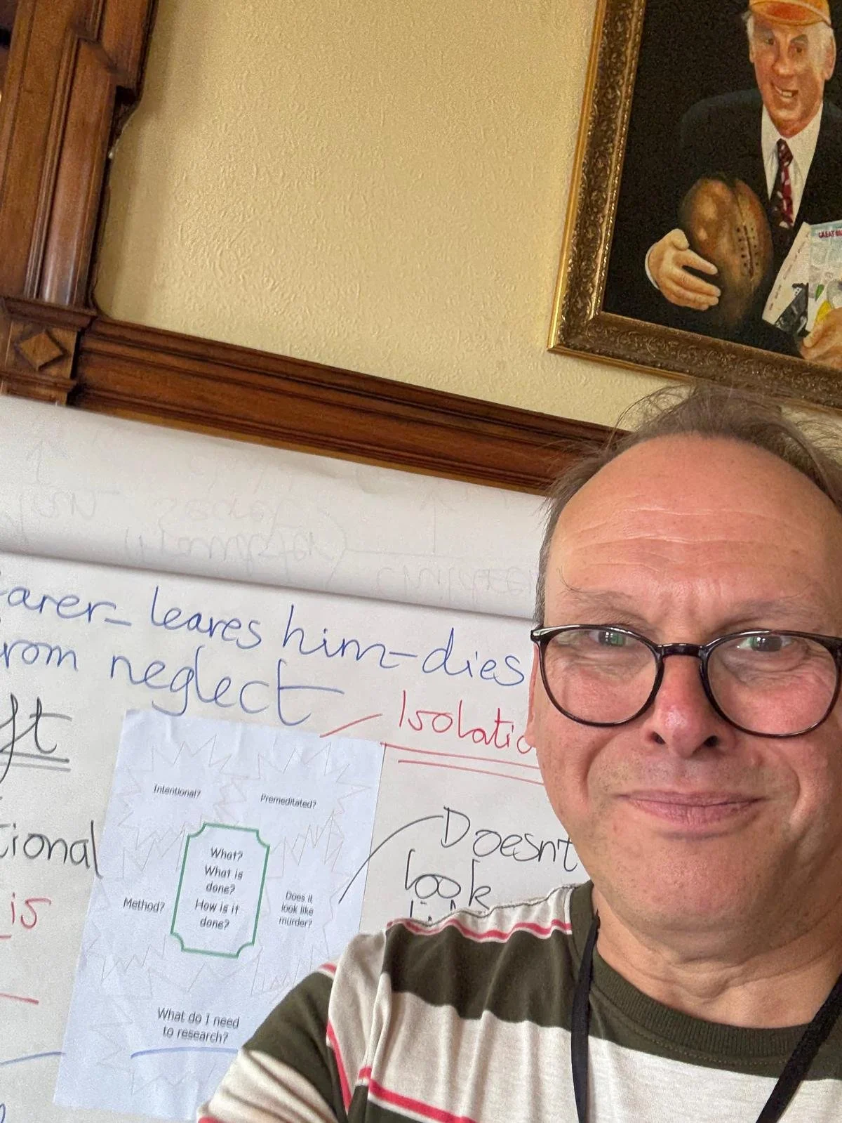 A man with glasses taking a selfie in front of a whiteboard with handwritten notes and a poster. The whiteboard has notes related to homicide investigation questions, and a poster titled 'What? What is done? How is it done? Does it look like murder? What do I need to research?'. The man is smiling and wearing a striped shirt. In the background, there is a framed picture of a man in a suit holding a football.