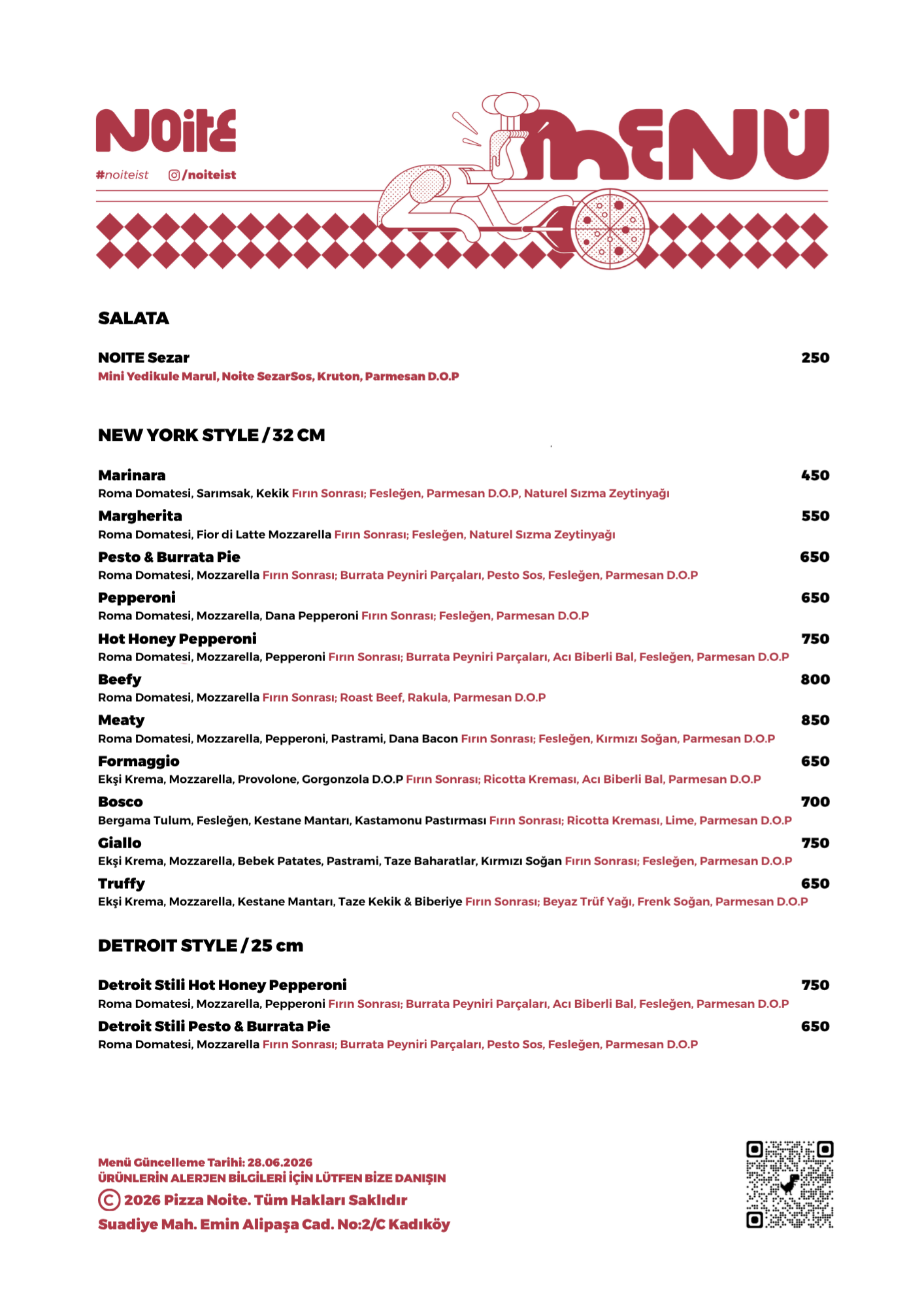 A pizza menu with various pizza options and prices, featuring images of pizza slices and a pizza bicycle illustration at the top, along with the restaurant's contact information and QR codes at the bottom right.