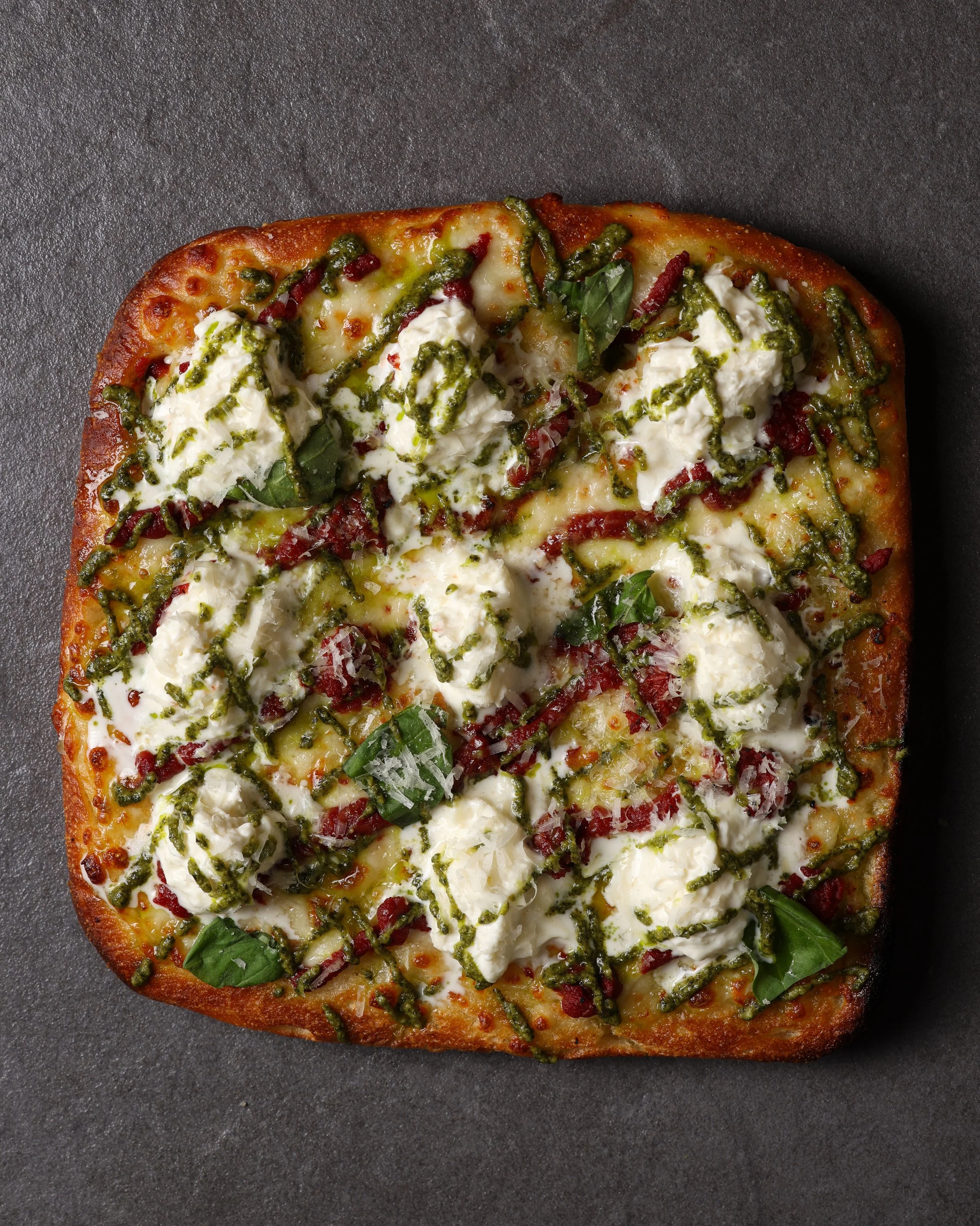 Detroit Style Pesto Burrata Pie