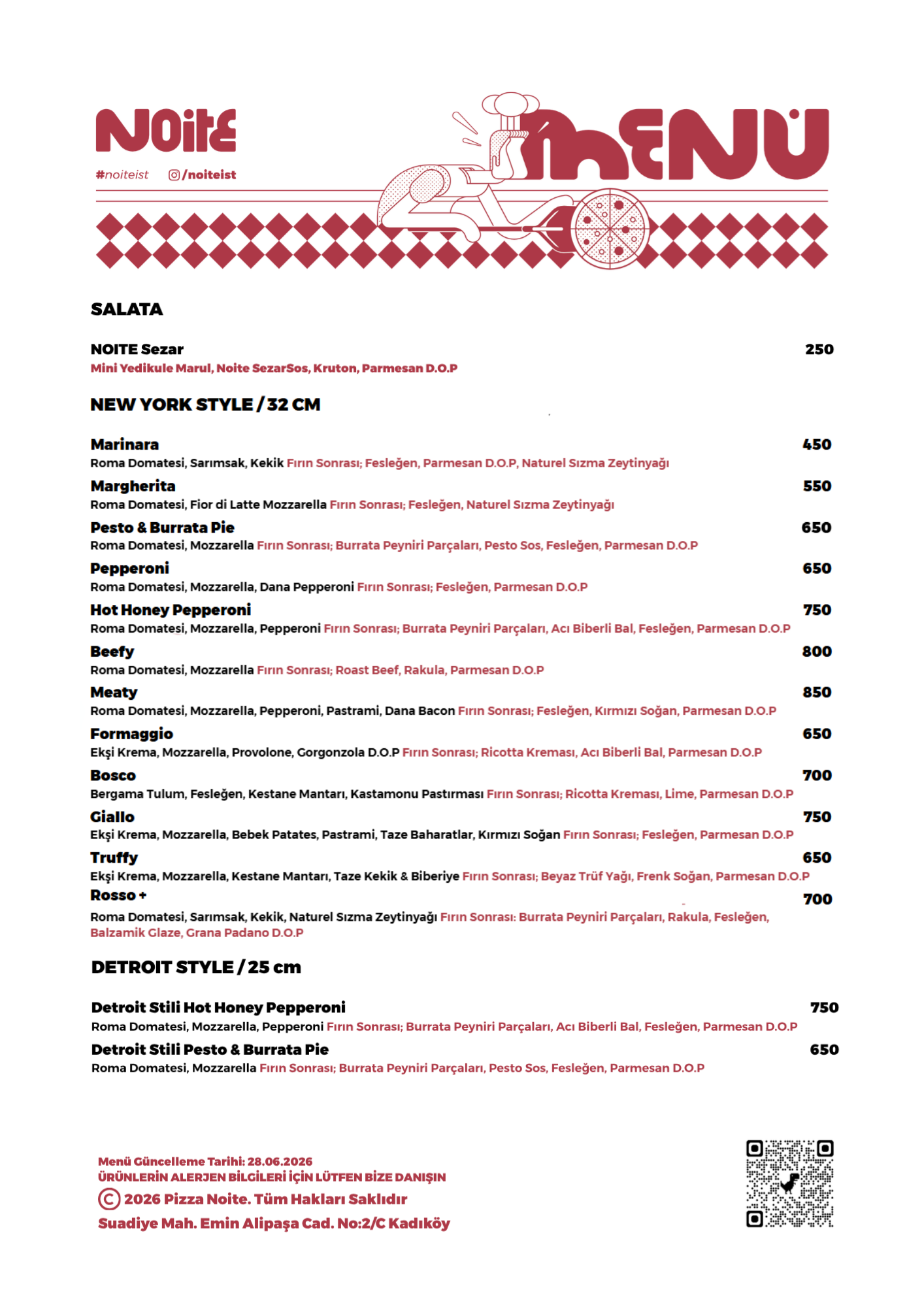 Pizza restaurant menu with various pizza options and prices, including toppings, ingredients, and additional details, with a chef hat, pizza, and a checkered red and white pattern at the top.