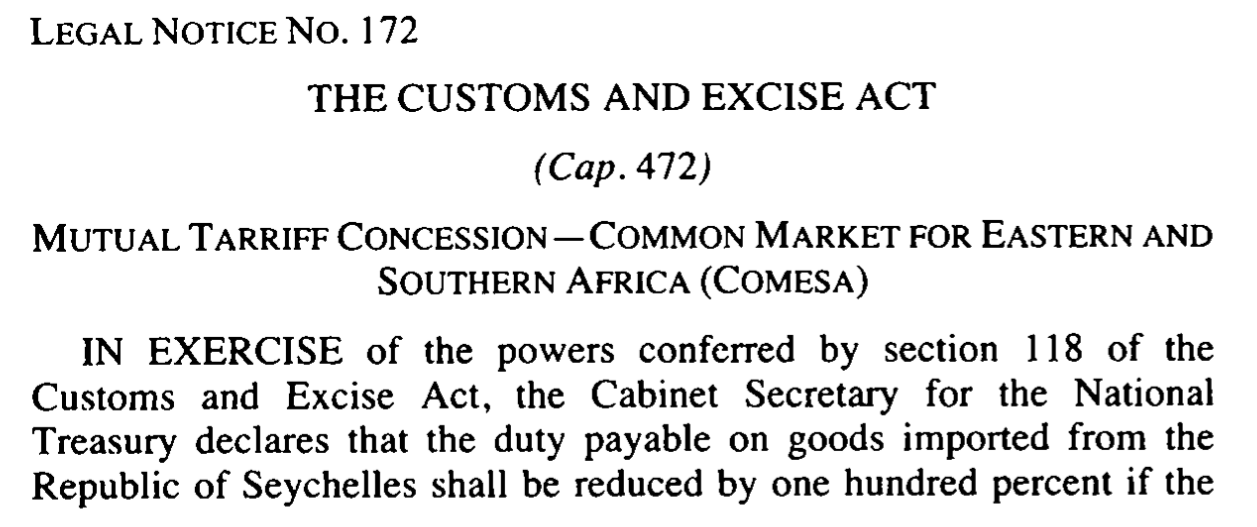 Legal notice under Kenya Gazette extending COMESA regime to Seychelles originating products