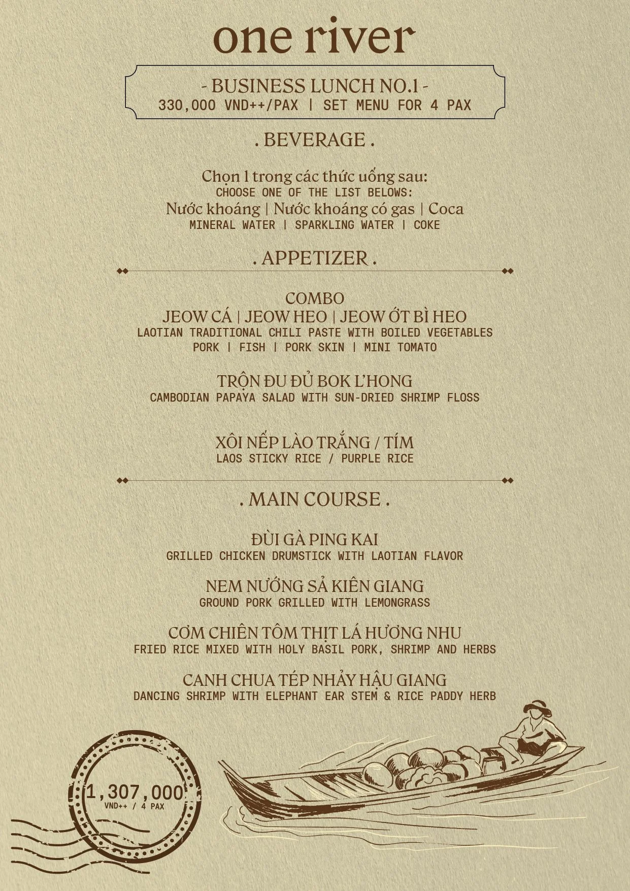A menu in Vietnamese and English for a restaurant called One River offering a business lunch for four people, with options including mineral, sparkling water, coke, a combo meal with various seafood and meat dishes, traditional salad, and several mai