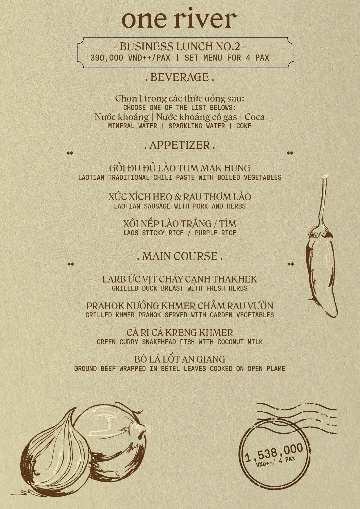Menu for a restaurant called 'One River' featuring a business lunch for four people with dishes and beverages, including grilled duck, Khmer prahok with vegetables, Khmer curry with fish, and ground beef wrapped in betel leaves. Hand-drawn illustrati