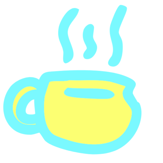 Drawing of a yellow coffee mug with steam rising from it, outlined in light blue.