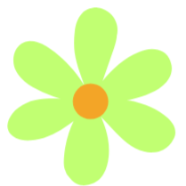 A simple illustration of a green flower with nine petals and an orange center.