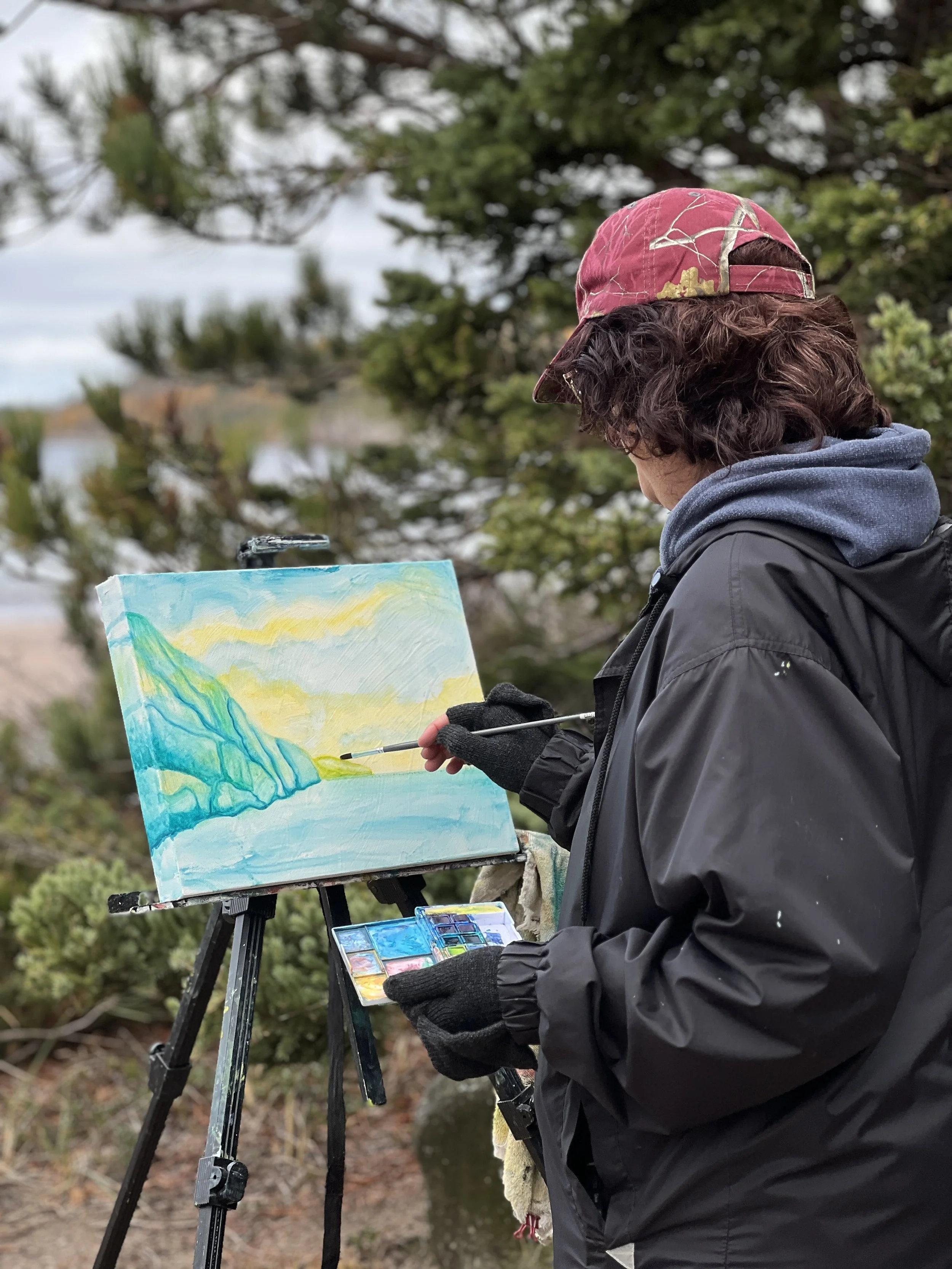 photo of Cheryl-Ann Hills painting on site at Old Woman Bay in Northern Ontario (Copy)
