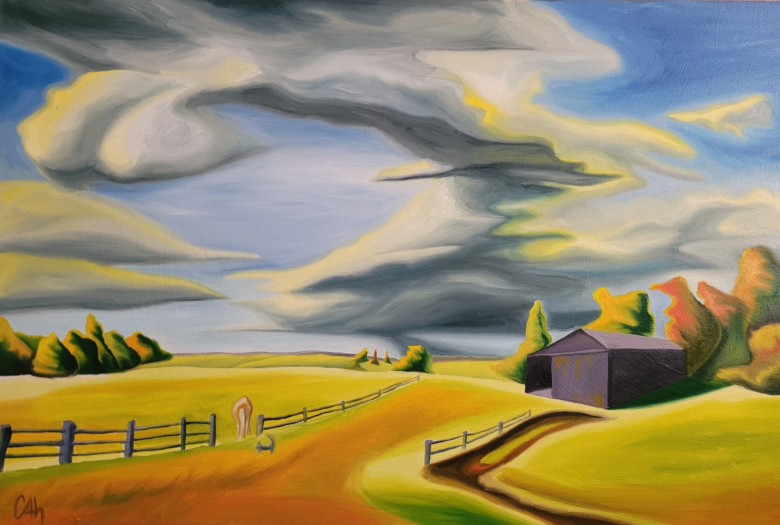 surreal style painting of a country homestead in rural Ontario created in golds and greens (Copy)