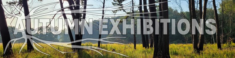 Sign reading 'Autumn Exhibitions' with a forest and grassy field background.