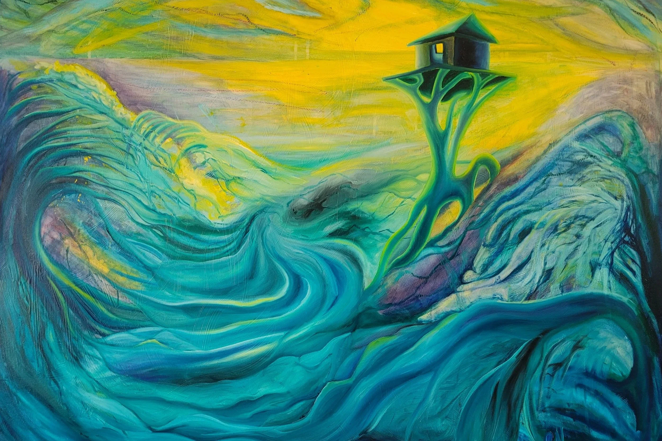 Surreal painting of a hut on a tree branch above swirling blue water and waves, with a bright yellow sky in the background.
