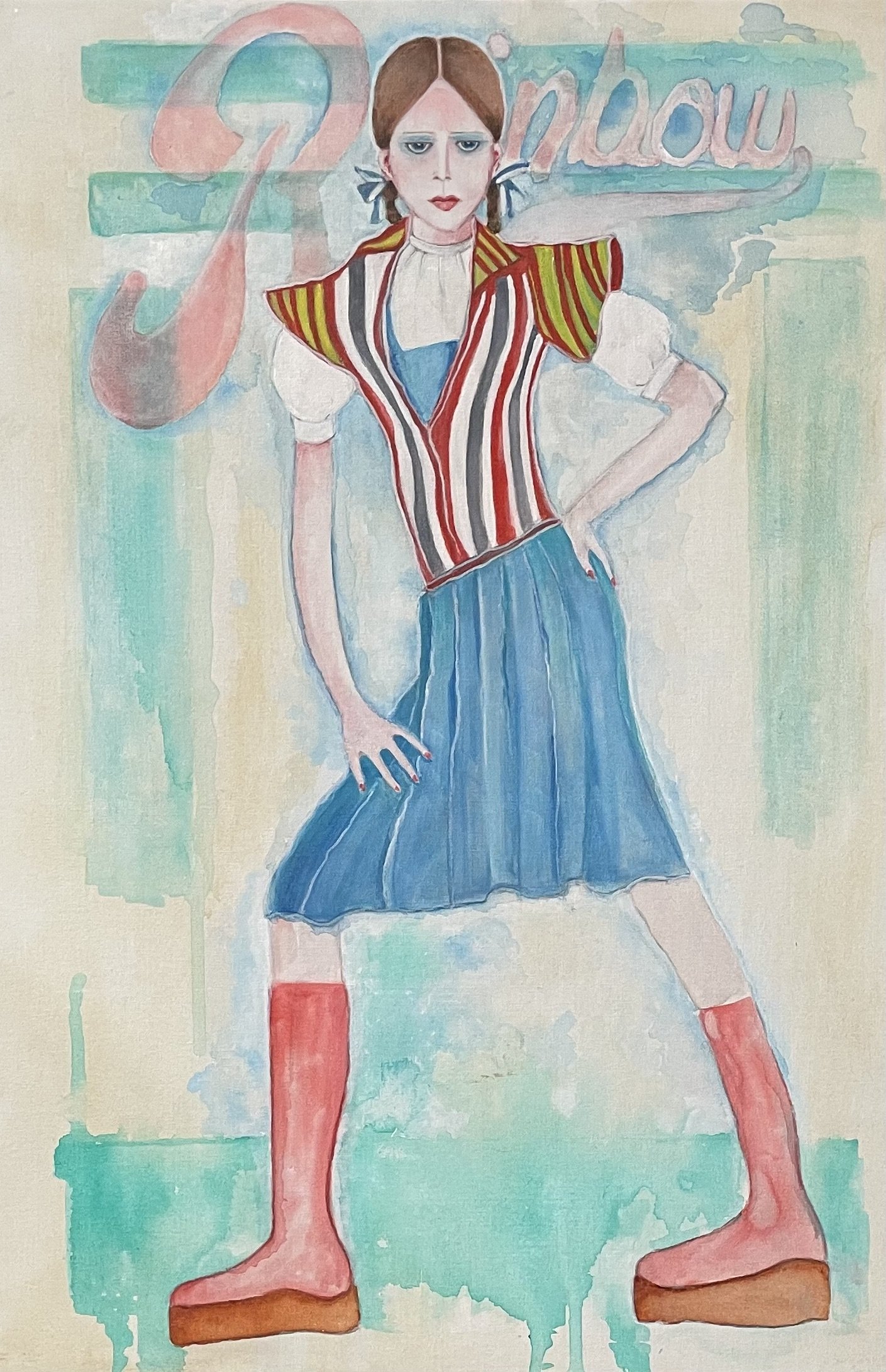 Dorothy from the Wizard of Oz wearing a David Bowie jacket. Acrylic on canvas board