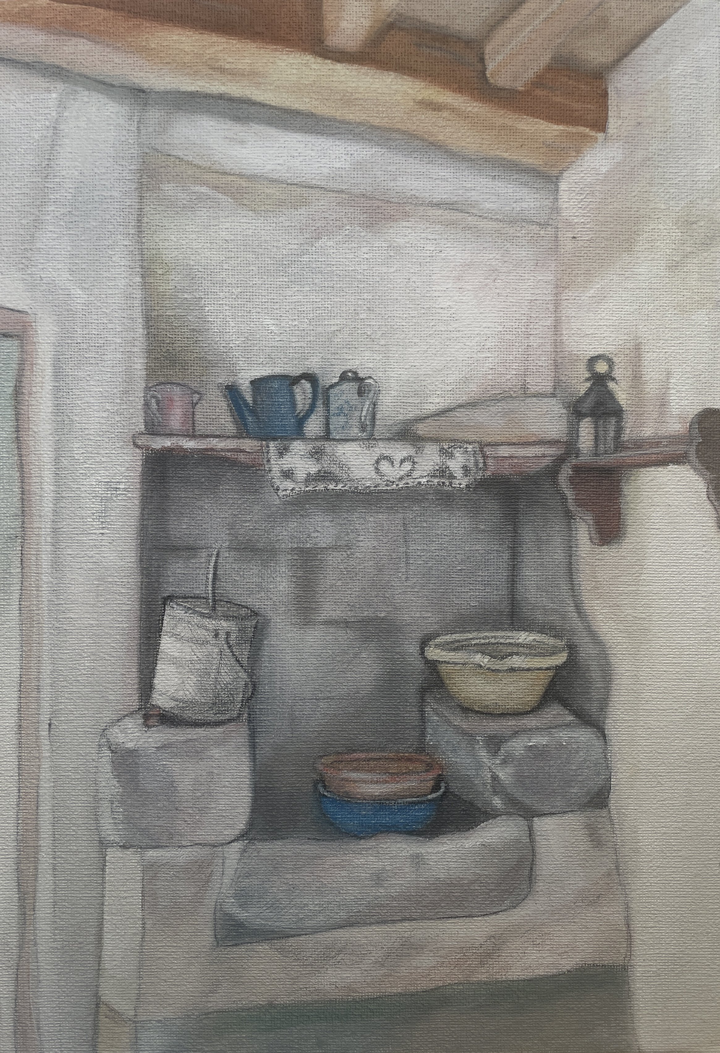 Room portrait - 19th century farm kitchen. Oil on canvas board