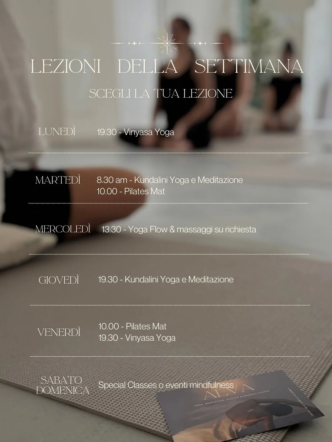✨ STUDIO ALVA &ndash; Lezioni settimanali &bull; Weekly Classes &amp; Packages ✨

Tutte le lezioni sono bilingue &ndash; English &amp; Italiano 🧘&zwj;♀️💫

📅 Calendario settimanale:
	&bull;	Luned&igrave; / Monday
19:30&ndash;20:30 Vinyasa Yoga

	&b