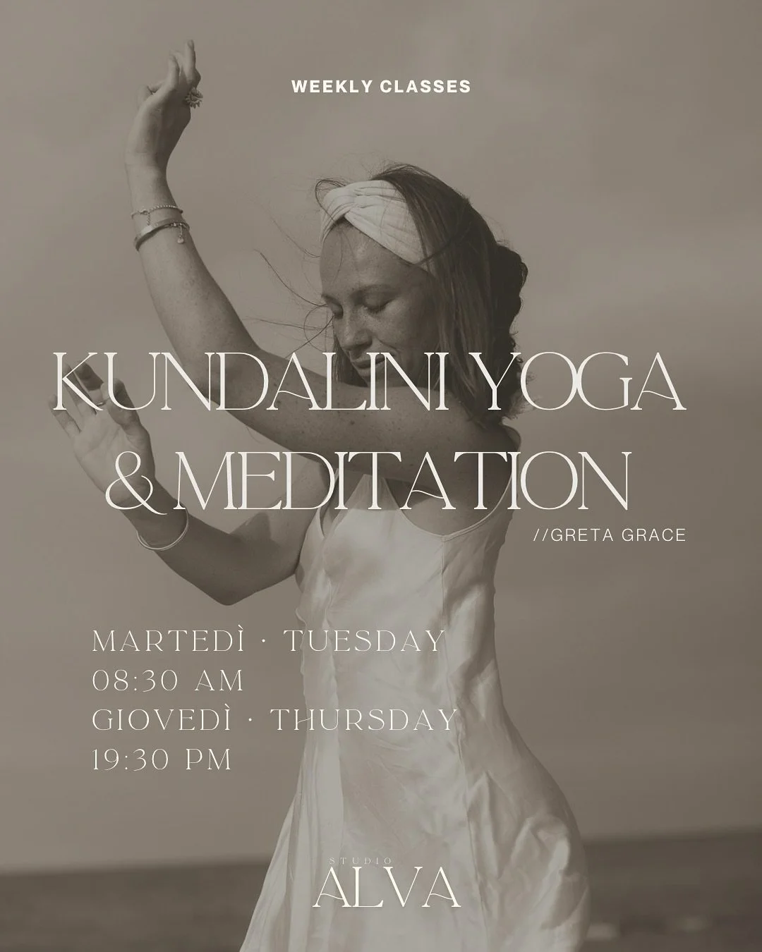✨ Risveglia, flu&igrave; e connettiti con il tuo s&eacute; pi&ugrave; alto ✨

Unisciti a Greta Grace per Kundalini Yoga &amp; Meditazione ogni marted&igrave; mattina alle 8:30 e gioved&igrave; sera alle 19:30 presso STUDIO ALVA. 

Riconnettiti con la