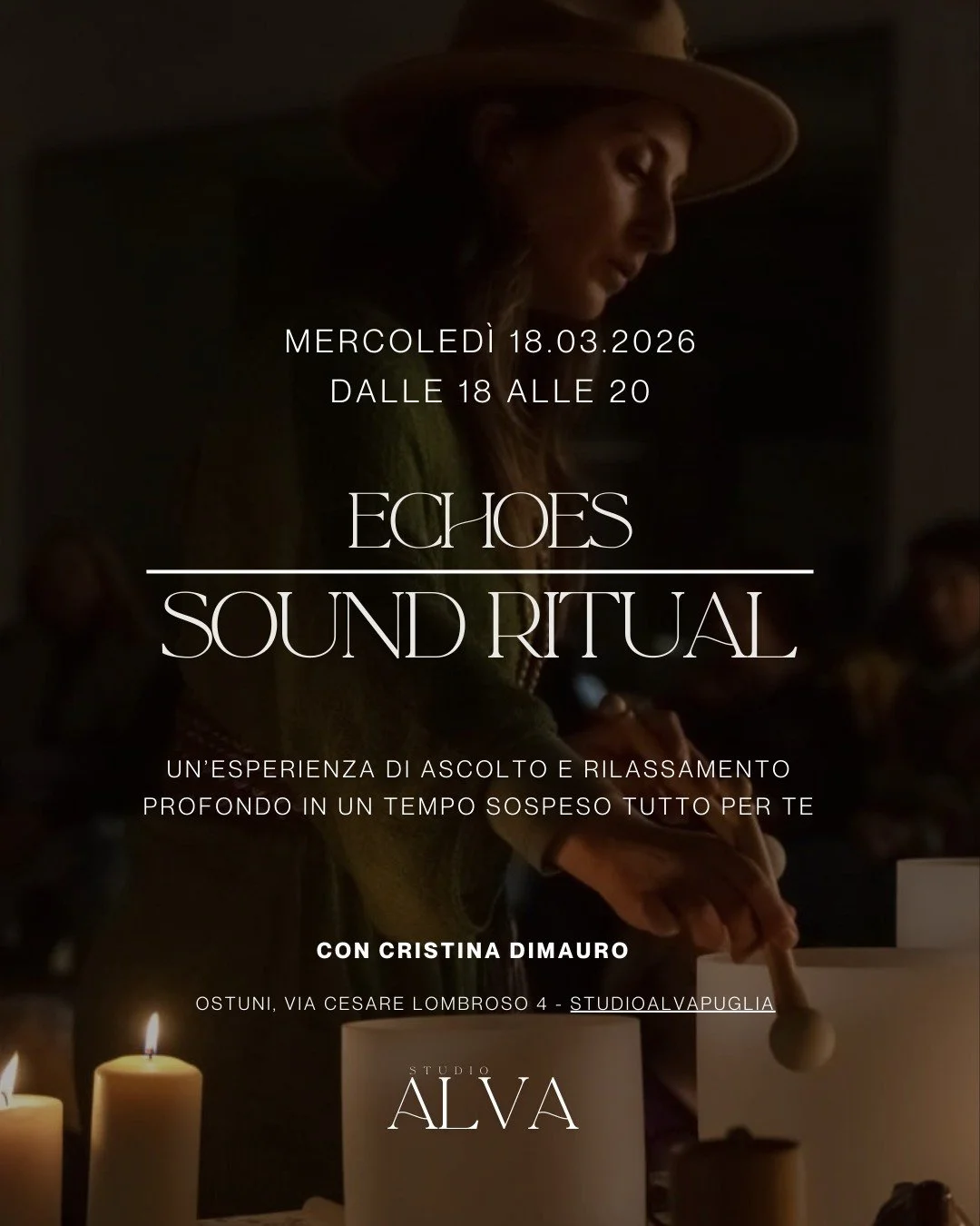 ✨ ECHOES | Sound Ritual ✨

Mercoled&igrave; 18 marzo, ECHOES arriva a Studio ALVA: un rituale sonoro dedicato all&rsquo;ascolto profondo e al rilassamento ✨
Il primo incontro in collaborazione con Cristina, pensato come uno spazio intimo, sicuro e ac