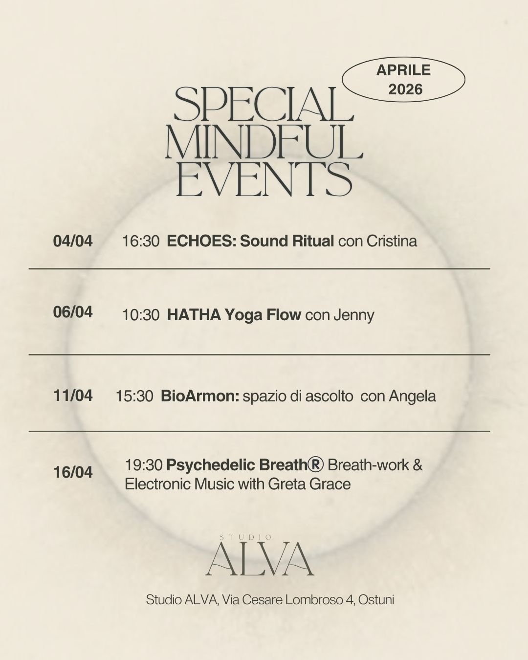 ✨ Aprile a Studio ALVA ✨

Un mese ricco di incontri, esperienze e momenti di connessione.
Spazi diversi, un&rsquo;unica intenzione: ritornare a s&eacute;, insieme 🤍

🌬 ECHOES | Sound Ritual &mdash; Speciale Pasqua con Cristina
📅 Sabato 4/4 &middot