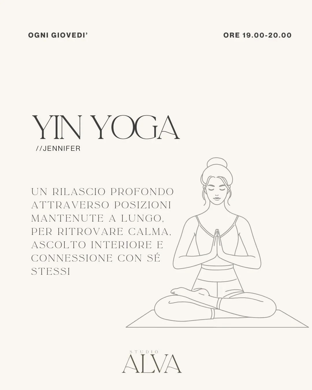 ✨ Yin Yoga @ Studio ALVA ✨

A space to slow down.
To soften.
To listen beneath the surface 🤍

Yin Yoga is a deeply restorative practice where postures are held for longer, allowing the body to release tension and the mind to settle.
It works on the 