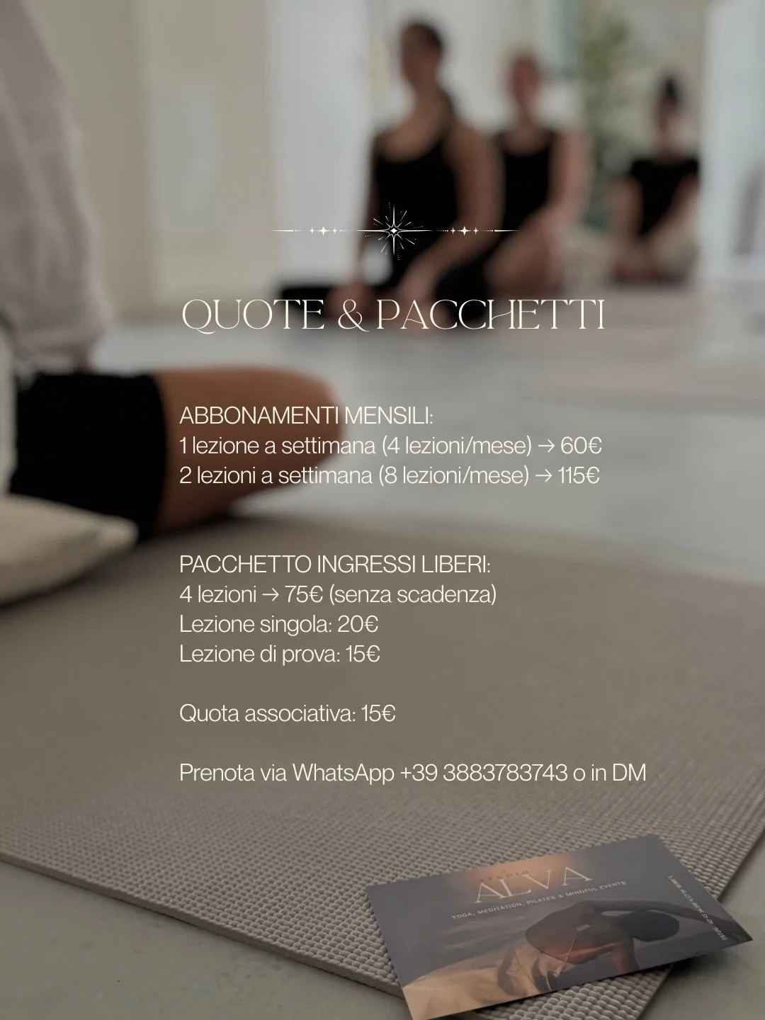 I nostri pacchetti &mdash; Studio ALVA ✨

Uno spazio per prenderti cura di te, con continuit&agrave; e presenza 🤍

Le nostre formule sono pensate per accompagnarti nel tuo ritmo,
che tu voglia iniziare con dolcezza o approfondire la tua pratica nel 