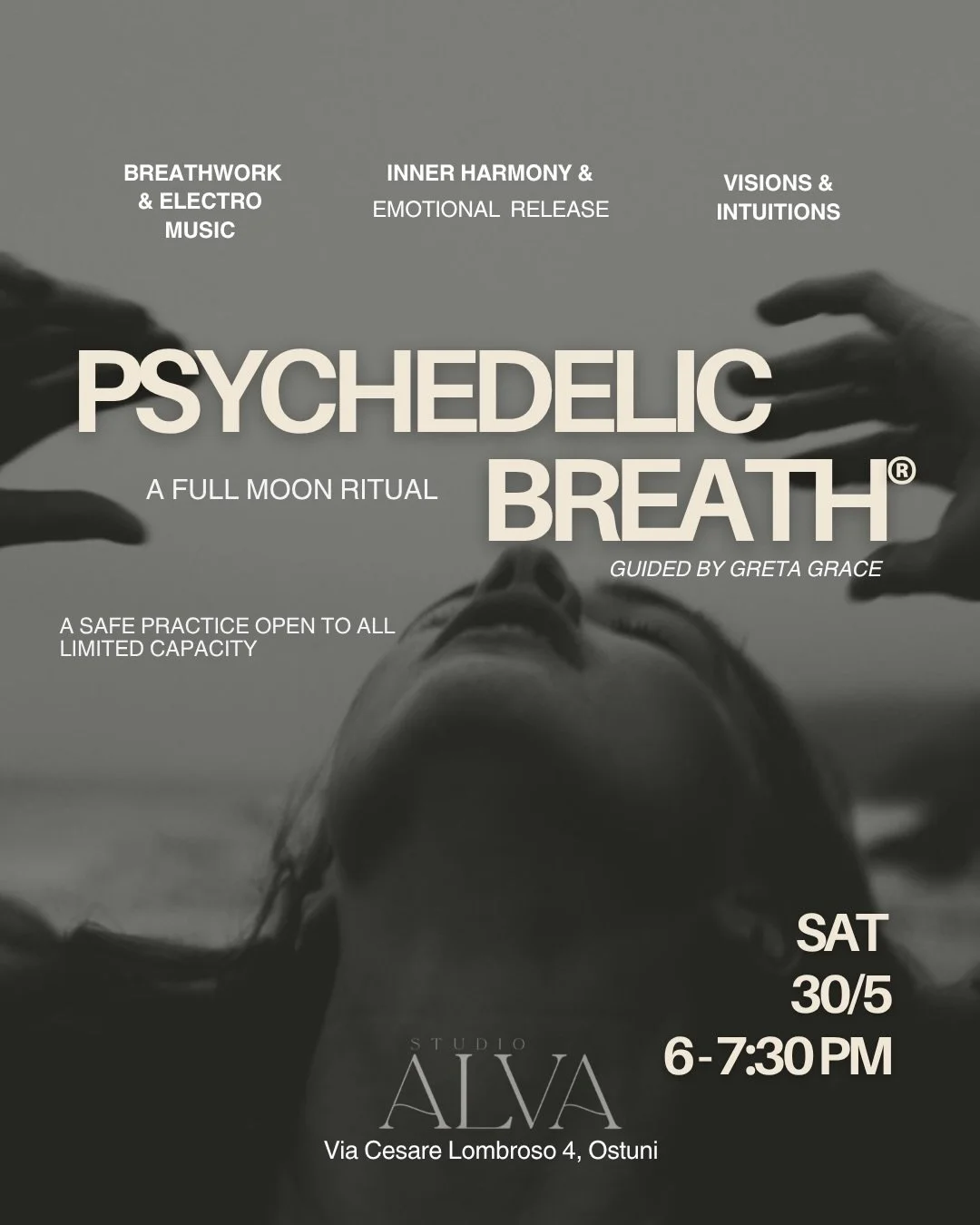 🌬️PSYCHEDELIC BREATH&reg; &mdash; FULL MOON EXPERIENCE 🌕

This Saturday, May 30th &middot; 18:00&ndash;19:30
@studioalvapuglia  Studio ALVA &mdash; Ostuni

Under the energy of the Full Moon, we gather to breathe, release, and reconnect 🤍

A guided