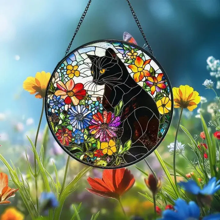 Black Cat in Wildflowers glass suncatcher