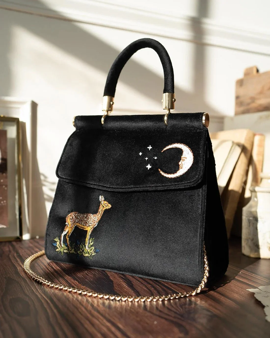 Fable England Deer and Moon Embroidered Velvet Small Tote