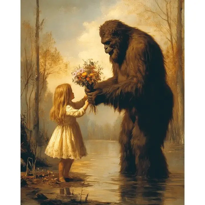 Vintage Style Bigfoot and Little Girl Fine Art Print