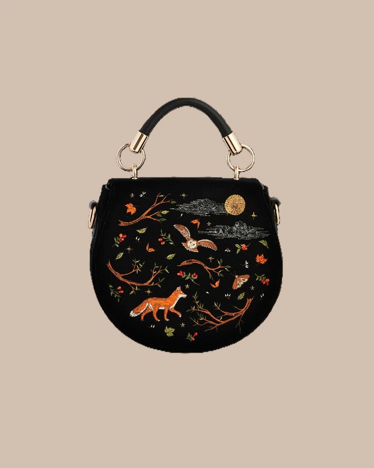 Fox & Owl Embroidered Top Handle Velvet Saddle Bag