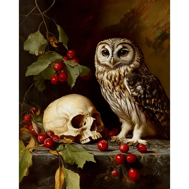 Vintage Style Owl and Skull - still life print
