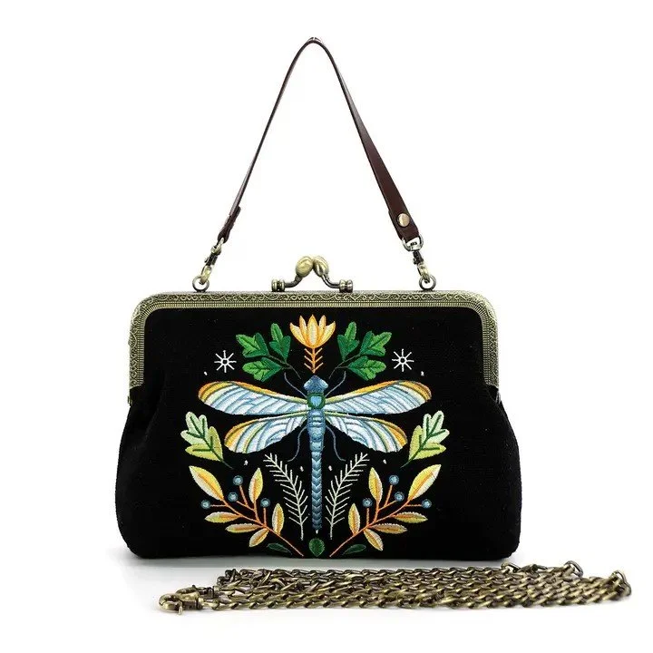 Embroidered Dragonfly kisslock vintage style purse