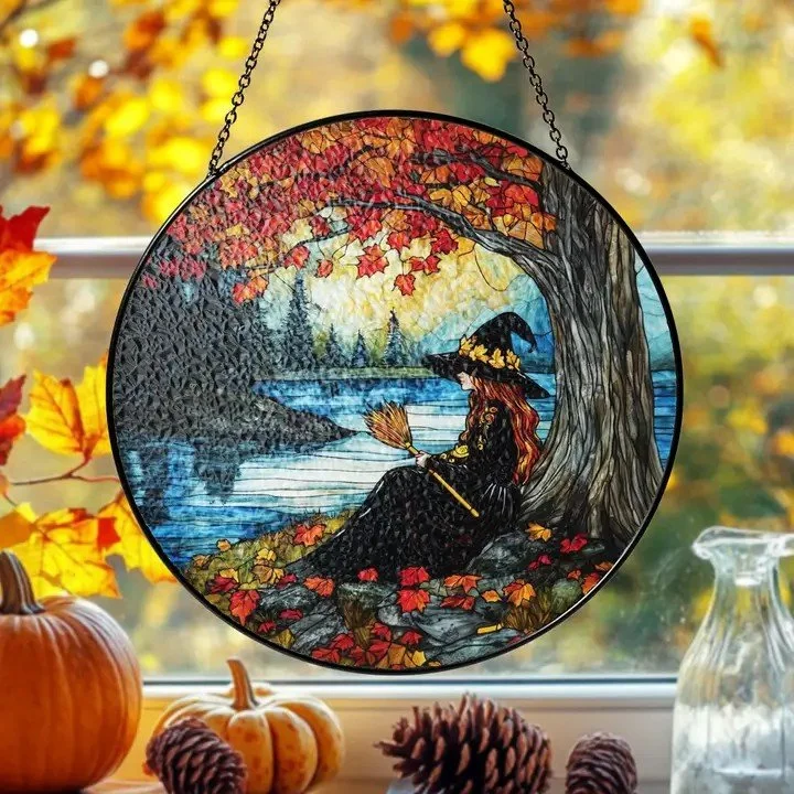 🧹 Fall Witch Pebbled Glass Suncatcher – Autumn Magic for Your Window
