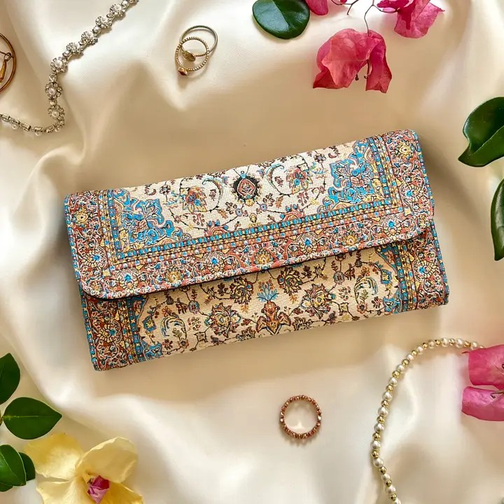 Tri-fold Boho wallet, Blue and Beige