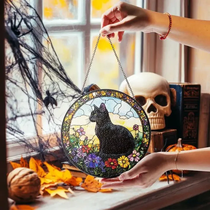 Black Cat Floral Pebbled Glass Suncatcher