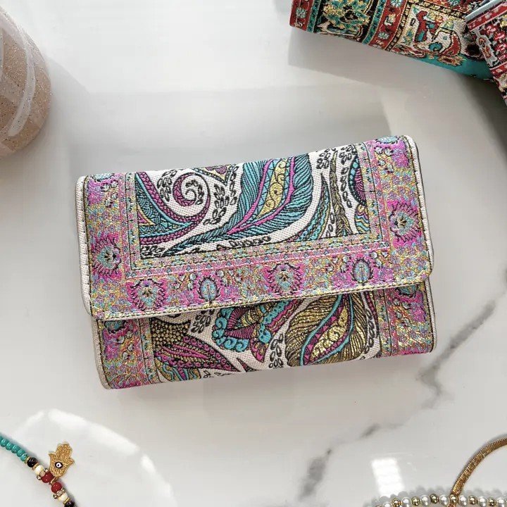 Pink and Teal Paisly Snap Closure Wallet