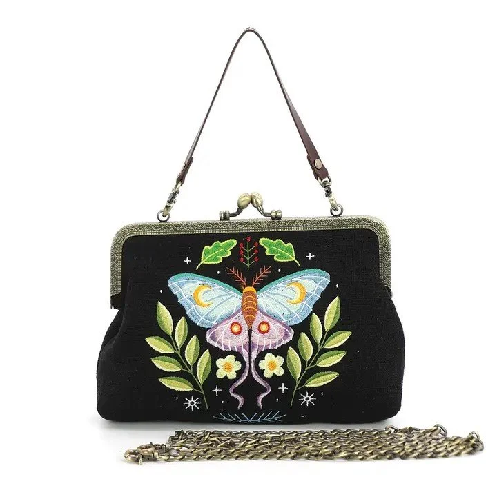 Embroidered Butterfly vintage style kisslock purse