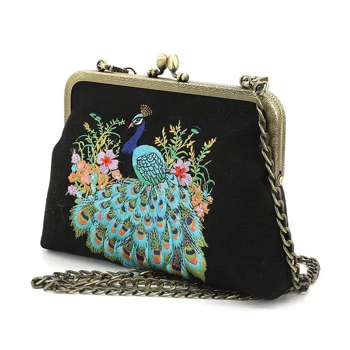 Embroidered Peacock vintage style kisslock purse
