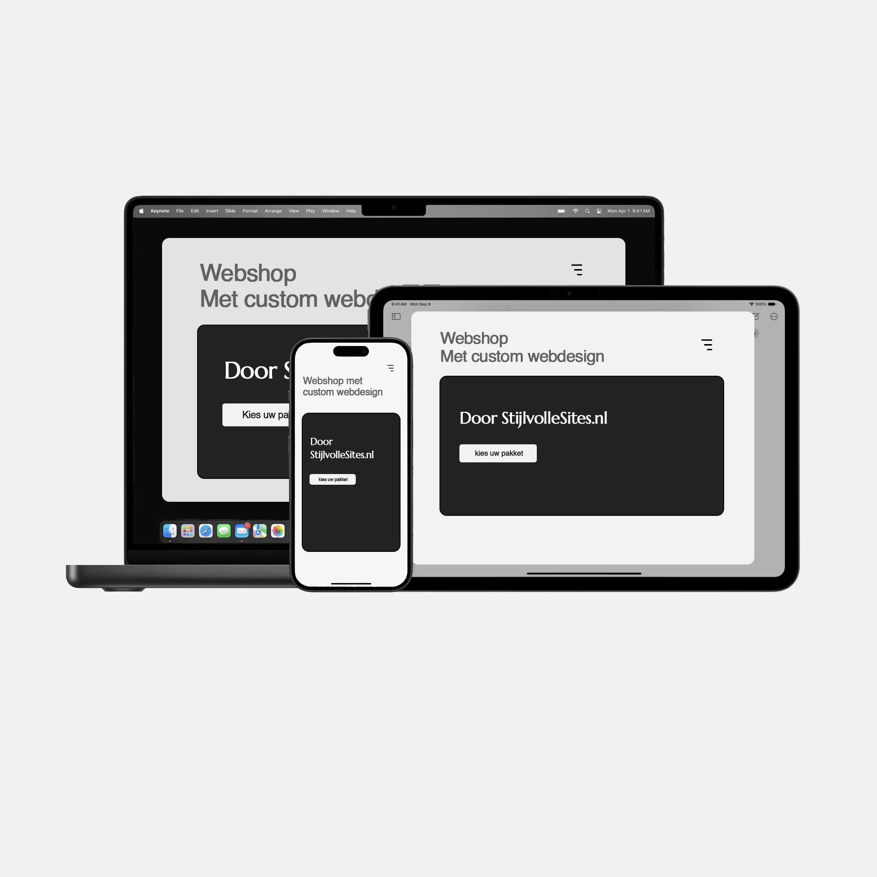 Een digitale weergave van een webshop die op verschillende apparaten wordt weergegeven, waaronder een laptop, tablet en smartphone.