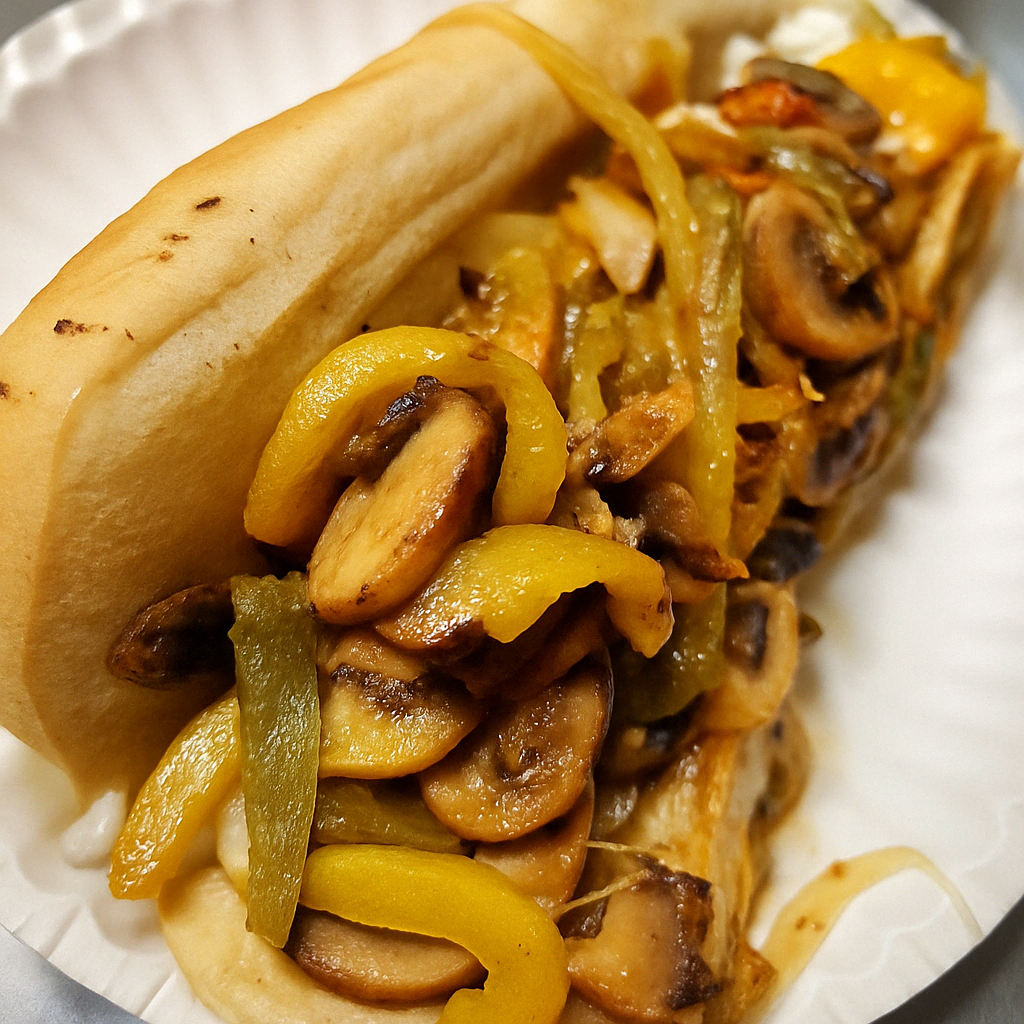 A sandwich with sautéed mushrooms and peppers in a bun.