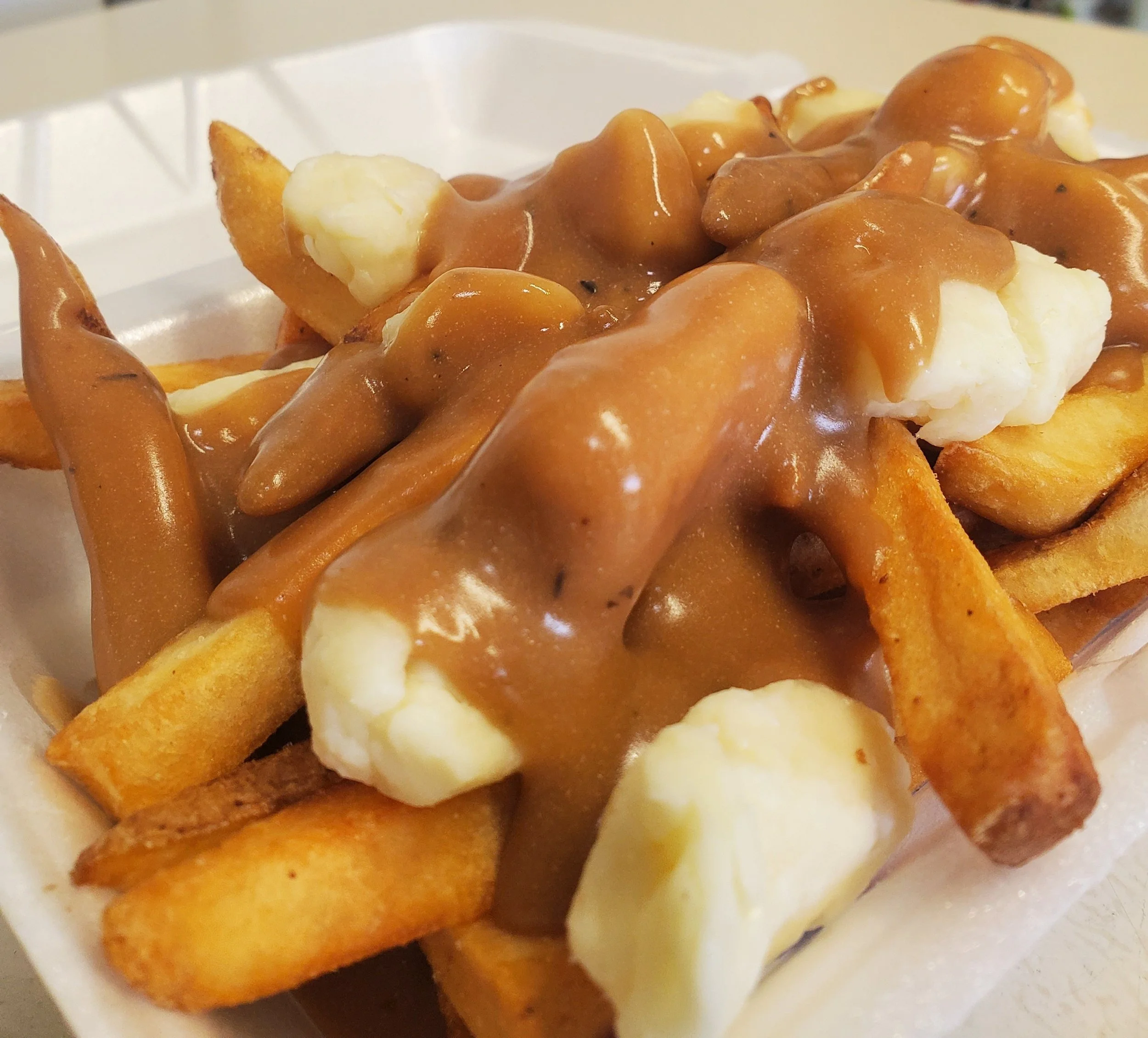 Close-up of French fries topped with melted cheese and covered in gravy, served in a white container.