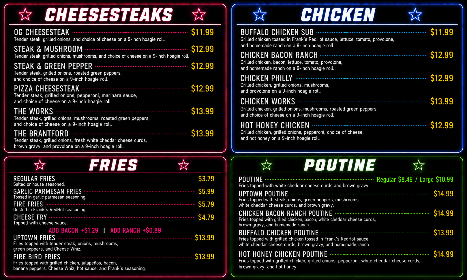 A neon-lit menu board featuring four sections: Cheesteaks in pink, Chicken in blue, Fries in pink, and Poutine in green. Cheesteaks include options like OG Cheesteak, Steak & Mushroom, and The Works. Chicken options include Buffalo Chicken Sub, Chick